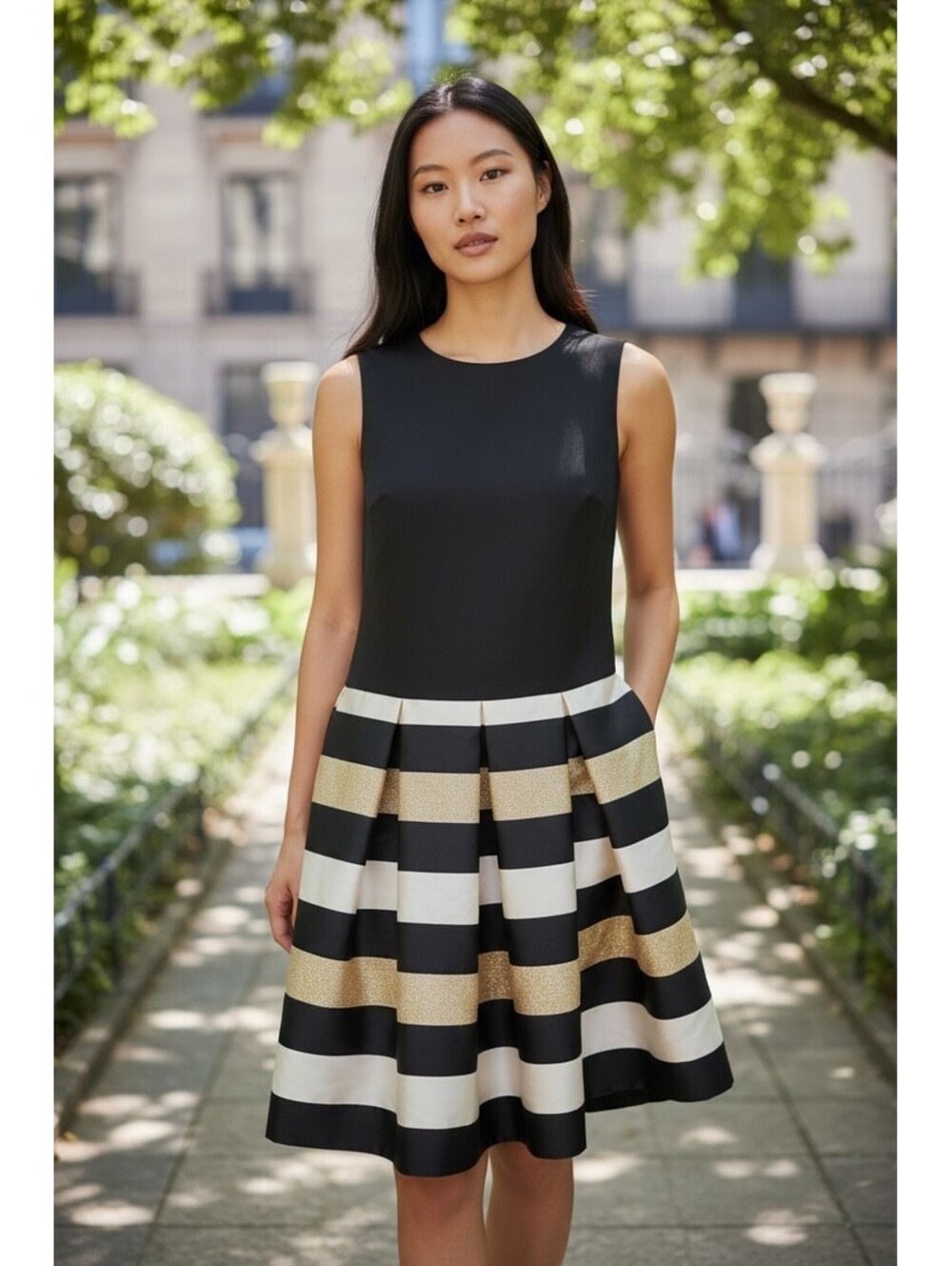 CB Established 1962 Black Gold Stripe Fit & Flare Cocktail Dress Size 16